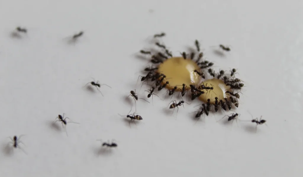 a group of ants swarming around honey