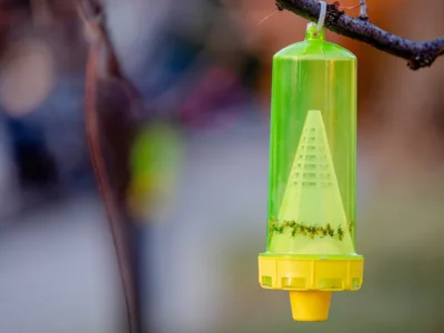 Green and yellow hanging yellow-jacket trap suspended from a branch with trapped insects near the base