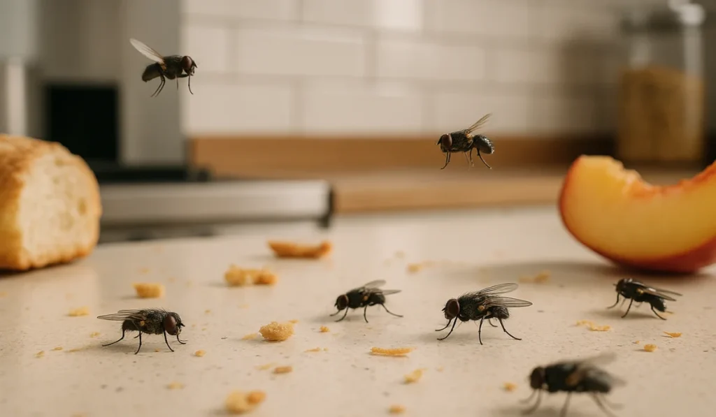 Several house flies on a kitchen countertop among bread crumbs and a sliced peach