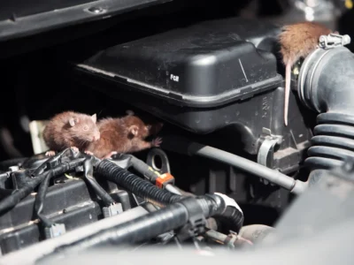 Three small rodents nestled on car engine components near the air intake hose