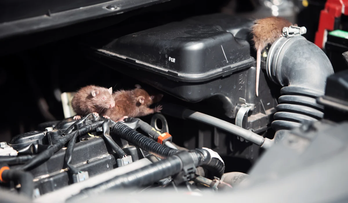 Three small rodents nestled on car engine components near the air intake hose