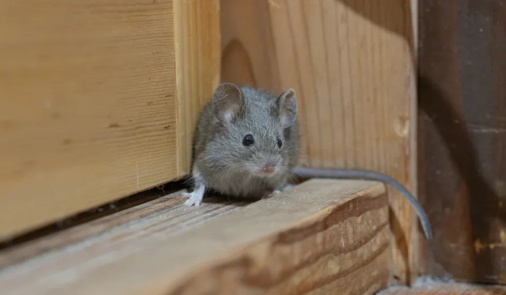Small field mouse peeking from a gap between wooden boards inside a house