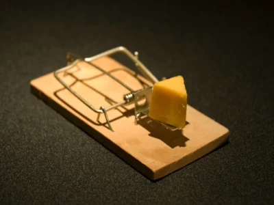 Wooden snap mouse trap set with a small wedge of yellow cheese on the trigger, on a dark textured surface