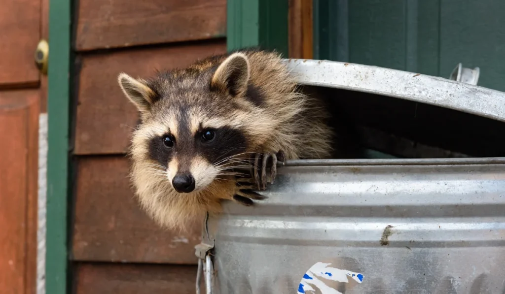 Raccoon peering out from a metal trash can with its paws on the rim in front of house siding